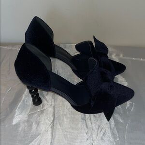 Women pointy toe Bowknot block heel navy blue velvet shoes